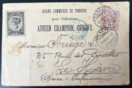 Delcampe - Carte Commerciale Illustrée Adrien Champion Geneve Grand Commerce De Timbres 1894 Geneve Pour Le Havre - Briefe U. Dokumente