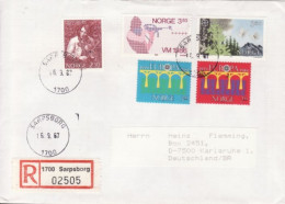 Delcampe - Norway 1987 Stempel Sarpsborg. Sent Registered Nach Karlsruhe Germany, Mi. 904-905 Europa, 926, 941 Biathlon, 947 - Lettres & Documents