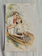Delcampe - CPA COUPLE BARQUE ROMANTISME AMOUR SIGNE SIGNATURE ILLUSTRATION 1926 - Paare
