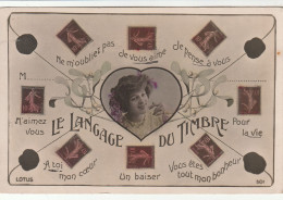 Delcampe - CPA Le Langage Du Timbre Language Of The Stamp Klangfarbe Taal Van Timbre Portrait De Femme Dans Un Coeur Fantaisie - Briefmarken (Abbildungen)