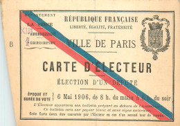 Delcampe - Thème Politique Carte D'électeur Ville De Paris 75012 élection D'un Député 6 Mai1906 - Non Classés