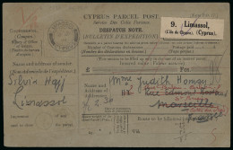 Delcampe - Parcel Post. 1925 (6 July) Parcel Despatch Note From Limassol To Marseille, Cancelled LIMASSOL * 6 JY 25 And Routed Via - Cipro (...-1960)