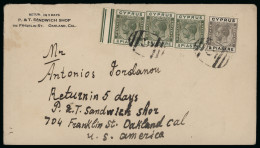 Delcampe - 1925 Envelope From Nicosia To Oakland, California, U.S.A., Franked With KGV ¾pi Green (3) And ½pi Grey, Posted Aboard Sh - Cipro (...-1960)