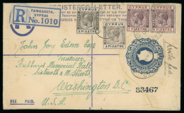 Delcampe - 1930 (12 Mar.) Size F 2pi Blue Registered Envelope From Famagusta To Washington, U.S.A., Uprated With KGV ¾pi (2) And 1p - Cipro (...-1960)