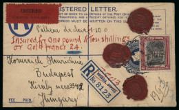 Delcampe - 1937 Insured 2½pi Blue Registered Envelope, Uprated With KGVI Pictorial 4½pi, Sent From Nicosia To Budapest, Hungary. A - Cipro (...-1960)