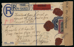 Delcampe - 1937 Insured 2½pi Blue Registered Envelope, Censored And Uprated With KGVI Pictorial 4½pi, Sent From Limassol To Athens. - Cipro (...-1960)