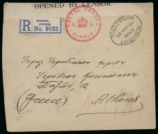 Delcampe - 1936 (13 June) Registered Censored Envelope From Nicosia To Athens, Franked With KGVI 5pi, With The Censor Sealing Tape - Cipro (...-1960)