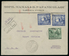 Delcampe - 1938 (28 Aug.) Fisk Tyres Advertising Airmail Envelope From Larnaca To Detroit, Michigan, U.S.A., Franked With A KGVI Pi - Cipro (...-1960)