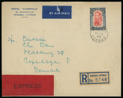 Delcampe - 1949 (11 Feb.) Registered Express Envelope From Nicosia To Denmark, Bearing 1938–51 £1 Scarlet And Indigo, Tied By NICOS - Cipro (...-1960)
