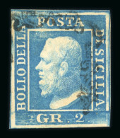 Delcampe - 1859 2 Gr. Plate II, Bright Blue (azzurro Vivo), Position 30, With Four Margins, Used - Sicile