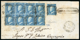 Delcampe - 1859 2 Gr. Plate III, Blue (azzurro), Used On Large Part Cover Front With A Block Of Eight (4 × 2), Positions 51–54 And - Sicilia