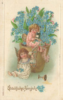 Delcampe - N°30519 - Carte Gaufrée - MSIB 13805 - Glückliches Neujahr - Anges Trinquant Près D'un Pot De Myosothis - Neujahr