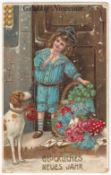 Delcampe - 1916 Gelukkig Nieuwjaar Embossed Postcard - Child With Flower Basket And Lucky Dog - Arnhem - Neujahr