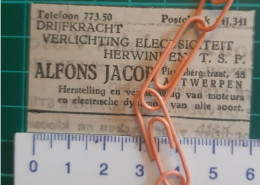 Delcampe - Pub. Reclame - Antwerpen - Alfons Jacob - Drijfkracht - Verlichting - Elektriciteit  - Origineel Knipsel Coupure 1935 - Werbung