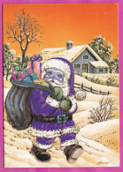 Delcampe - 321392 / Turkey Illustrator Art Necdet Yilmaz - Christmas Dressed In Purple Santa Claus Gift Bag Winter House Tree PC - Santa Claus