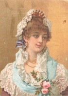 Delcampe - B12M-654 – Portrait Of A Woman In A Lace Headdress With A Coronet And Pink Roses – French Chromo - Autres & Non Classés
