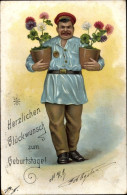 Delcampe - Lithographie Glückwunsch Geburtstag, Expressbote Mit Kleeblättern - Geburtstag