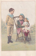 Delcampe - B12L-020 – Anonymous Chromos – Boy, Seated Girl & Doll – Wicker Chair - Autres & Non Classés
