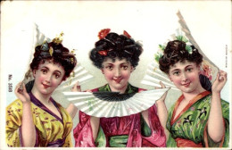 Delcampe - Lithographie Damen In Japanischen Trachten Mit Fächern, Kimonos - Costumes