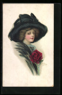 Delcampe - Künstler-AK Dame Mit Hut Und Rose - Mode