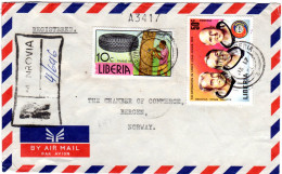 Delcampe - Liberia 1981, 10+50 C. Auf Luftpost Einschreiben Brief V. Monrovia N. Norwegen. - Liberia