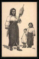 Delcampe - Künstler-AK Kinder Und Mutter Mit Spindel - Ohne Zuordnung