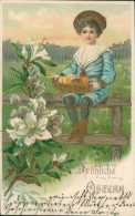 Delcampe - Gaufré Glitzer CPA Glückwunsch Ostern, Junge, Korb, Ostereier, Blumen - Ostern