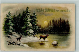 Delcampe - Winterlandschaft Hirsch AK Neujahr 1911 Mondschein - 39174154 - Sonstige & Ohne Zuordnung