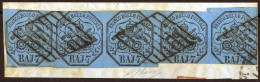 Delcampe - Piece/Pair 1852, 7 B. Azzurro Striscia Di 5 Con Interspazio Di Gruppo Tra Il Terzo E Quarto Valore, Su Frammento Firmato - Stato Pontificio