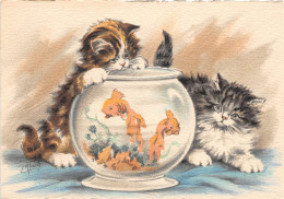 Delcampe - CPSM Fantaisie - Illustrateur NAUDY - Chat - Chaton - Poissons - Bocal - (M.Barré & J. Dayez) - Naudy