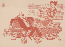 Delcampe - Finland Humorous Finnish Comic Man Asleep On Sofa Books Woman Unposted #SDT565 - Comicfiguren