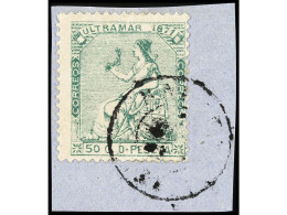 Delcampe - */ CUBA. FALSOS POSTALES. 50 Céntimos Verde, FALSO POSTAL. Sobre Pequeño Fragmento Con Fechador HABANA. Se Incluye Bloqu - Altri & Non Classificati