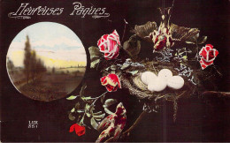 Delcampe - [-15%] CPA - Heureuse Pâques - Fleurs - Roses - Deux Oiseaux Protègent Leur Nid - Ostern