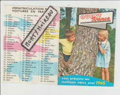 Delcampe - VP :  Petit Calendrier 1965, Immat.  Véhicule, Ouest France - Small : 1961-70