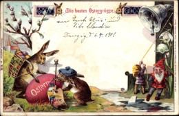 Delcampe - Lithographie Glückwunsch Ostern, Osterhasen Bemalen Osterei, Zwerge Läuten Glocke, Weidenkätzchen - Ostern