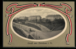 Delcampe - AK Zwickau I. S., Kaserne Und Strassenpartie Mit Strassenbahn, Passepartout - Zwickau