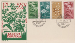 Delcampe - Enveloppe  Recommandée   FDC  1er  Jour     GUINEE  ESPAGNOLE     Fleurs    Pour   L' Enfance   Indigéne    1959 - Guinea Espagnole