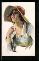 Delcampe - Künstler-AK Junge Frau Mit Hut Und Einer Blume In Der Hand - Moda