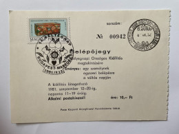 Delcampe - Hungary 1981 Stamp Day Exhibition Admission Ticket First Day Cancel No 00942 - Feuillets Souvenir