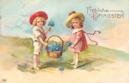 Delcampe - B250 Pentecost Greetings 1914 Children Forget-me-not Flowers Basket Postcard - Ostern