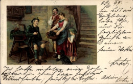 Delcampe - Lithographie Deutschland, Familienbild, Alter Mann Erzählt Geschichten, Wohnstube, Hund - Trachten