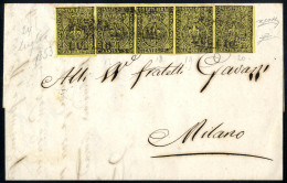 Delcampe - Beleg 1853, Lettera Da Parma Il 24.7 Per Milano Affrancata Con Striscia Di Quattro + Singolo 5 C. Giallo Arancio, Uno De - Parma