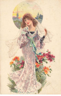 Delcampe - N°27803 - Illustrateur - Jeune Femme Portant Un Voile Sur Les Cheveux Au Milieu De Fleurs - Sonstige & Ohne Zuordnung