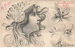 Delcampe - N°23402 - Art Nouveau - B. Patella - Jeune Femme Regardant Des Lys, Et Portant Un Bijou Sur La Tête - Sonstige & Ohne Zuordnung