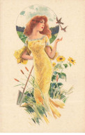 Delcampe - N°27804 - Illustrateur - Jeune Femme Regardant Des Oiseaux, Et Tenant Une Pelle - Sonstige & Ohne Zuordnung